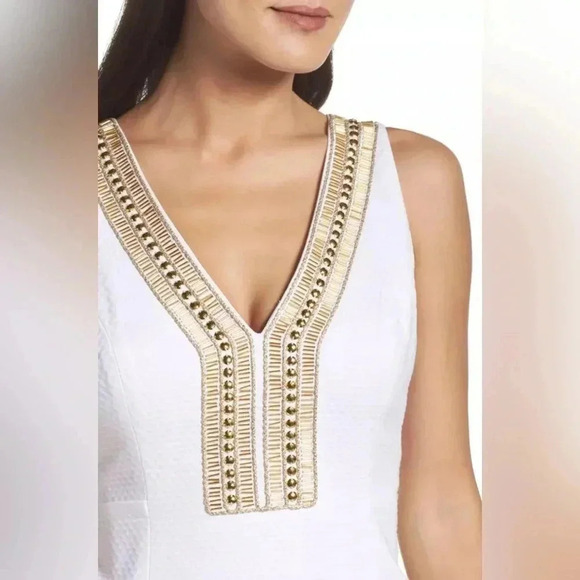 LILLY PULITZER White Gold Embellished Eliot Textured V-Neck Shift Dress Sz 4 - Picture 12 of 13